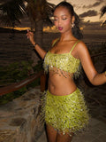 GETADME Sexy Sequins Tassel Skirt Sets Women Sling Crop Tops Hip Package A-line Short Skirts 2025 Summer Chic Beach Party Outfits Lady