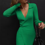 GETADME Ladies Lapel Knitted Lace Up Waist Dress for Autumn and Winter Long Sleeved V Neck Ribbed Celebrities Elegant Slim Midi Vestidos