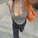 GETADME 2025 Summer Ribbd Halyer Sleeveless Backless Ladies Streetwear U Neck Crop Top Solid Skinny Hot Sexy Tank Top Clubwear Women