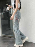 GETADME Korean Streetwear Casual Wide Leg Trousers Y2K Vintage High Waist Flare Jeans Women Fashion Bandage Slit Slim Denim Pants Summer