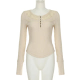 GETADME Hollow out Crop Tops y2k Aesthetic Round necked Fairy Grunge Women Knitted Button Long Sleeve Slim TShirts Harajuku Tees Clothes