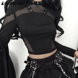 GETADME Goth Mesh Patchwork T-Shirts Sexy Hollow Out Long Sleeve Eyelet Crop Tops Fashion Women Punk Style Slim Tees Streetwear
