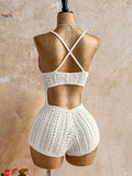 GETADME Boho White Crochet Romper for Women Front Tie Hollow Out Sleeveless Backless Knitted Playsuit Beach Holiday Outfit