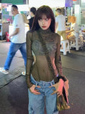 Getadme-Vintage Y2k Graphic Mesh T Shirts Women 2000s Grunge See Through Slim Kpop Tops Hollow Aesthetic Long Sleeve Tee Shirts