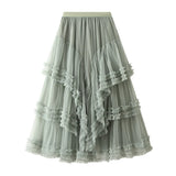 GETADME Long Skirt Womens White Black Skirt 2025 Goth Lolita Spring Summer High Waisted High Low Layer Ruched Mesh Ball Gown Skirts rok