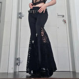 GETADME Women's Vintage Gothic Aesthetic Black Stretch Lace Hollow Out Flares Pants Punk Bell Bottom Girl Pants