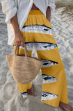 GETADME Ladies Beach Pants High Quality Pure Cotton Fabric Blue Fish Graphic Printing Chic Trend Fashion New Loose Wide Leg Trousers