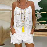 GETADME Women's Cotton Linen Sleeveless 2-Piece Set Hollow Embroidery Ruffled Camisole Tassel Vest Drawstring Shorts Printed Casual Set