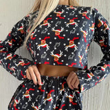GETADME Women's Loungewear Two Piece Sets Elk Deer Stars Printed Long Sleeve Crew Neck Top and Loose Shorts Christmas Party Outfits