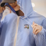 GETADME Maden Casual Blue White Striped Hooded Shirt Women's Spring Seersucker Vacation Style Blouse Lightweight Layering Beach Shirts