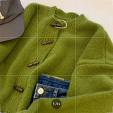 GETADME Green Knitted Cardigan Sweater Coat 2025 Women's Autumn Winter Thickened Soft Outerwear Fashion Horn Buckle Knitwears Sweater