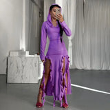GETADME Elegant Ruffles Detail Split Hooded Maxi Dress for Women Autumn Winter Long Sleeve Bodycon Dresses Rave Festival Dress 2025