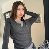 GETADME 2026 Autumn Winter Long Sleeves Korean Fashion Style O-neck Tshirt For Women Fake two items T-shirts Ladies Top Tee Clothes