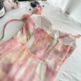 GETADME Summer Women French Vintage Graduation Off Shoulder Dress Mini Chiffon Tie Dye Frock Evening Shoujo Girl One-Piece Party 2000s