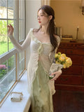 Getadme New Chinese Style Fashion 2 Piece Dress Suits Ruffles Long Sleeve Slim Shirt Cardigan+High Waist Green Long Satin Skirt Sets