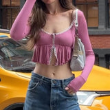 Getadme-y2k Trim Ruffles Crop Top Floral O Neck Full Sleeve T Shirt Women French Harajuku Chic Cute Cardigans  Autumn Winter