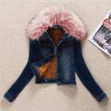 GETADME 2025 Autumn Winter Fleece Denim Jacket Women Big Fur Collar Short Coat Thicken Velvet Liner Warm Tops Lady Jean Coat Outerwear