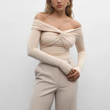 GETADME Trendix Cross Neck Long Sleeve Shirts For Women Sexy Off Shoulder Solid Slim Short Tops Club Casual Party Bodycon T-shirt Ladies
