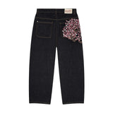GETADME Men Women Cherry Blossom Knight All Embroidery Denim Pants Y2k Vintage Baggy Street Straight Jeans High Waisted Washed Blue Jean