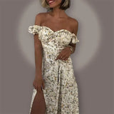Getadme-2024 Spring Summer New Women's Clothing Sexy Off Shoulder Puff Sleeve Waist Slit Floral Dress Fashion Long Dress