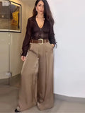 GETADME HipSeam Women Satin Trousers With Belt Spring Summer Simple Women's Pants Versatile Female Loose Pants Pocket Wide Leg Pants