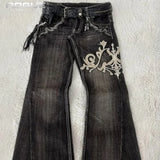 GETADME Summer Streetwear Embroidered Flare Jeans Men Y2K Retro Gothic Punk Casual Harajuku Distressed Vintage Black Denim Pants Unisex