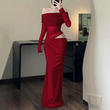 GETADME Elegant Off Shoulder Women's 2025 New Irregular Mesh Patchwork Long-sleeved Cut Out Skinny Evening Party Floor-length Long Dress