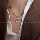 GETADME Vintage Brown Natural Stone Pendant Necklace for Women Fashion Geometric Long Leather Rope Necklace Sweater Chain Jewelry Gifts