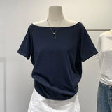 GETADME 캐주얼 루즈핏 오프숄더 티셔츠 편안하고 가벼운 반팔 투웨이 웨어 스타 스타일 원로우 칼라 크로스바디