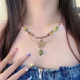 GETADME Vintage Brown Natural Stone Pendant Necklace for Women Fashion Geometric Long Leather Rope Necklace Sweater Chain Jewelry Gifts