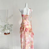 GETADME Summer Women French Vintage Graduation Off Shoulder Dress Mini Chiffon Tie Dye Frock Evening Shoujo Girl One-Piece Party 2000s