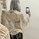 Getadme-Hollow Out Y2K Hooded Pullovers Women Goth Grunge Crochet Spider Web Tops Lady Sexy High Street Baggy Tassel Thin Clothes