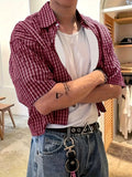 GETADME Men's Short-Sleeved Button-Up Shirt, Retro Red Checkered Striped Casual Shirt, Suitable for Summer Streetwear Tops