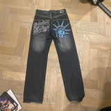 GETADME Y2k Retro Statue of liberty Embroidery Jeans Casual Denim Pants High Waist Straight Wide Leg Jeans Harajuku 90s Women Clothing