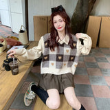 Getadme-Cute Checkered Sweater Vests Women Sweet V-neck Female Ulzzang Heart-knitted Sleeveless Sweaters Tricot Jumpers Retro Students