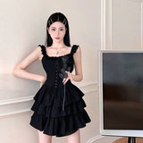 GETADME Women Spicy Girl Off Shoulder Party Black Suspender Fluffy Fringed Mini Dress