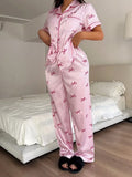 GETADME Women Pink Satin Striped Bow Print Pajama Set Short Sleeve Lapel Sleepwear Long Pants Casual Summer Pajamas Luxury Pajamas Set