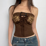 Vintage Brown Embroidery Tube Top Y2K Aesthetics Pullover Strapless Tank Tops Button Up Cutout Design Sleeveless Women