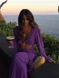 GETADME Purple Hollow Out Slim Maxi Dress Women Elegant Deep V Neck Cross Pleated Full Sleeve Long Dresses 2025 Fashion Lady Party Robes