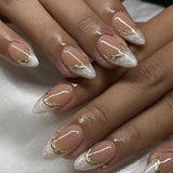 GETADME 24Pcs Metallic Cat Eye French Sheer Manicure Tip Art Textured 3D Acrylic False Nails Nude Pink Almond Medium Press on Fake Nails