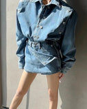 Getadme Spring Fashion Ladies 2 Pieces Set Long Sleeve Double Breasted Jean Jackets & Mini Shorts Skirt Vintage Women Denim Set