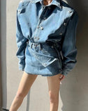 Getadme Spring Fashion Ladies 2 Pieces Set Long Sleeve Double Breasted Jean Jackets & Mini Shorts Skirt Vintage Women Denim Set