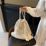 GETADME Solid Color Knitting Shoulder Bag Large Capacity Bohemian Crochet Backpack Hollow Out Versatile Beach Travel Tote Bag For Women