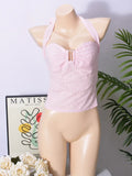 GETADME Chic Pink Pleated Sleeveless Tops Fashion Lace Up Off Shoulder Slim Fit Halter Vest New Women's Summer Vacation Party Top 2025