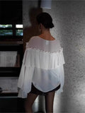 GETADME Sexy See-through V-neck Long Sleeve Chiffon Top Beach Party Shirt Trans-seasonal Women's Low Cut Shirt Ruffle Solid Color Tops