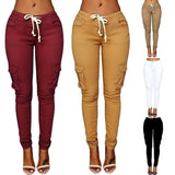 GETADME Mather 2025 Spring Lace Up Waist Casual Women Pants Solid Pencil Pants Multi-Pockets Straight Trousers S-4XL