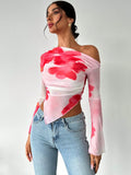 GETADME Sweet Spice Personality Style Mesh Print Diagonal Shoulder Long Sleeve Top Irregular Off-the-shoulder Short Top for Women