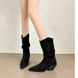 GETADME Women Western Cowboy Boots 2025 Autumn Suede Leather Ladies Shoe Elegant Slip on Mid Calf Booties Vintage Thick Heel Pointed Toe
