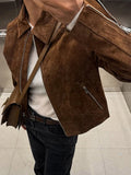 GETADME Vintage Brown Suede Women's Jackets Turn Down Collar Long Sleeve Single Breasted Female Pockets Coats 2025 Autumn Ladies Outwear
