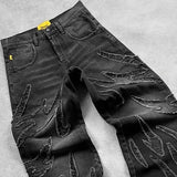 GETADME New Y2K Harajuku Retro Graphic Patch Jeans Hip Hop Gothic Raw Edge Embroidery Black Baggy Jeans Wide Leg Denim Pants Mens Womens